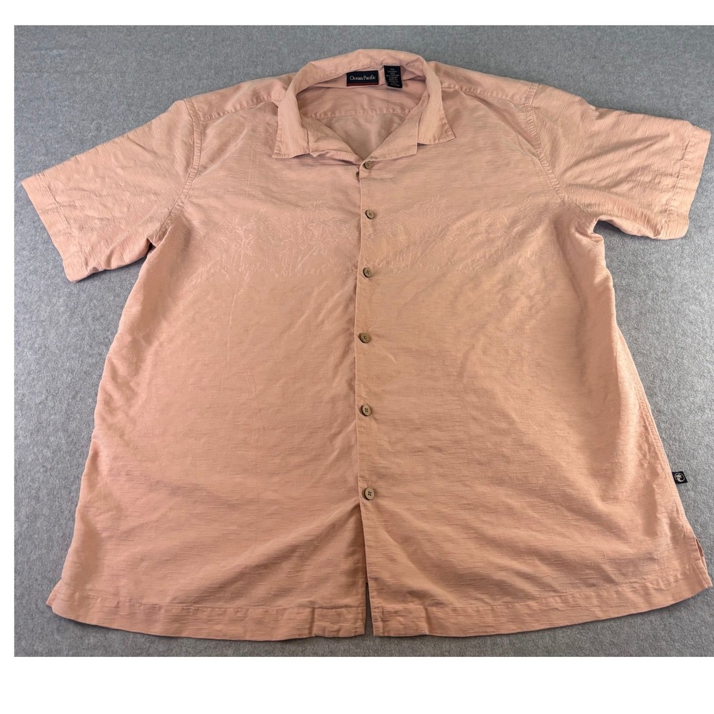 Ocean Pacific Men's XXL Silk Cotton Peach Palm Tree Embroidered  Shirt